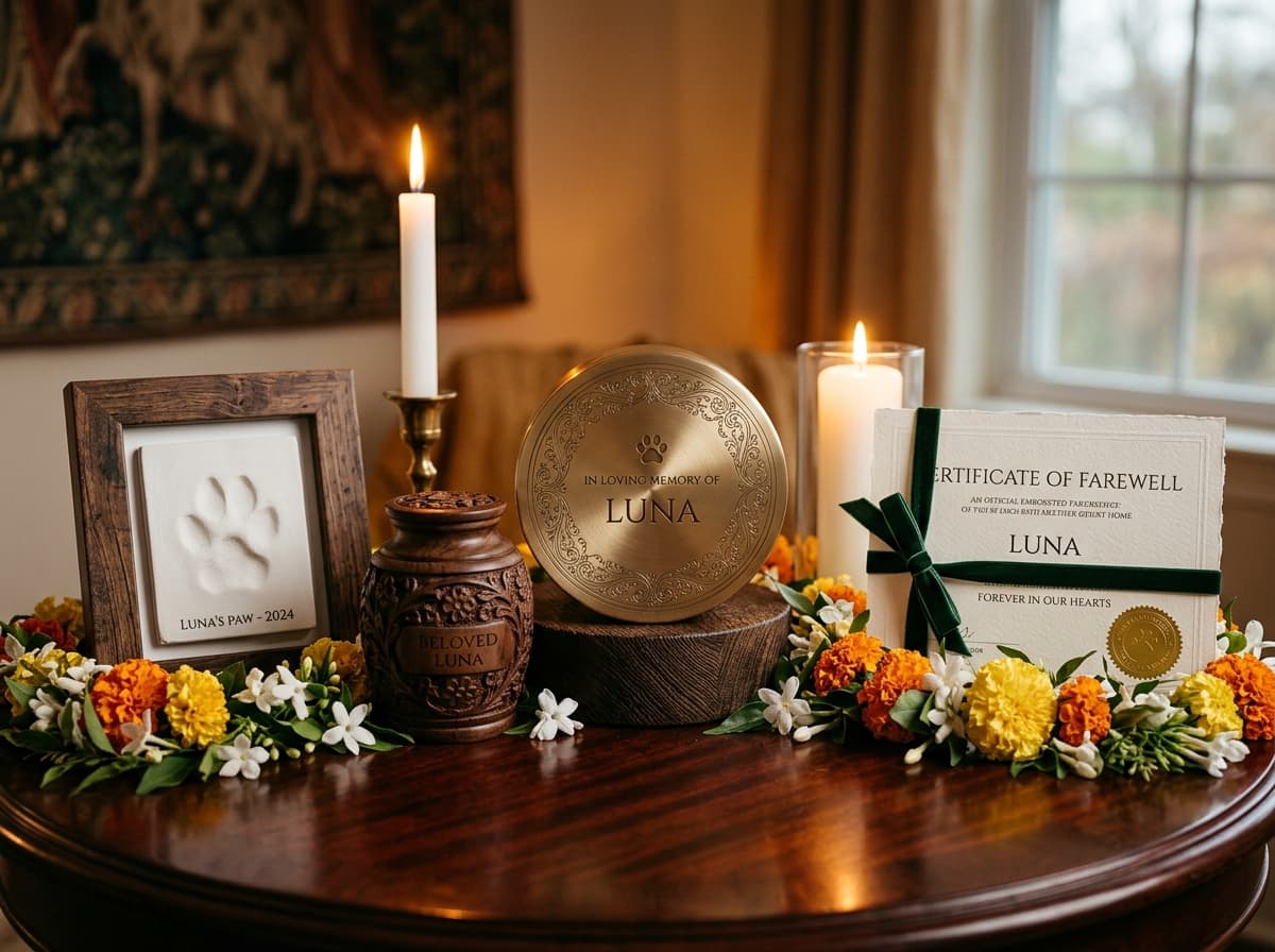 Pet memorial brass urn, wooden urn, clay paw impression and certificate